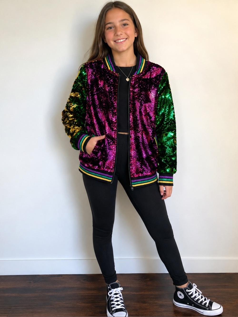 ✨ Mardi Gras Flip Sequin Bomber Jacket – Youth 10/12 💜💚💛